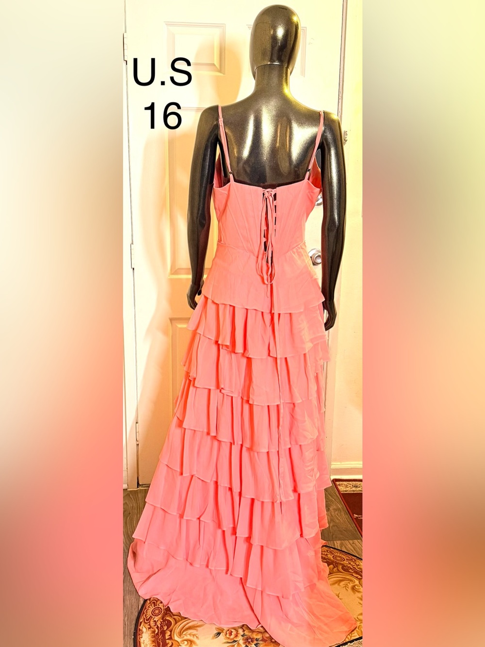 Coral Pink Tiered Ruffle Maxi Dress with Corset Back